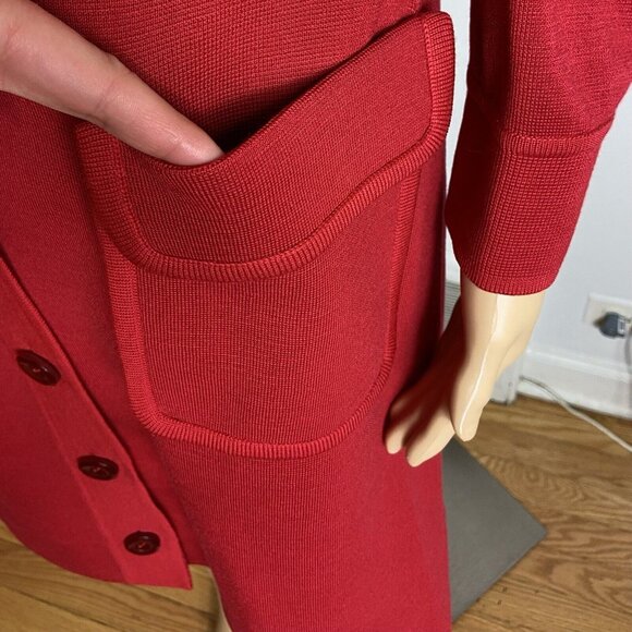 Vtg 60s 70s Knit Wool Dress Sz M Full Front Button Up Pockets Red - Picture 5 of 14